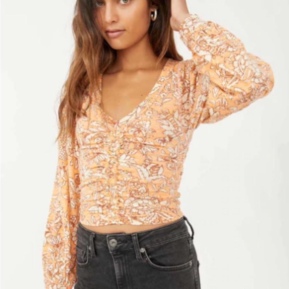 Free People Peach Floral Ruched Blouse